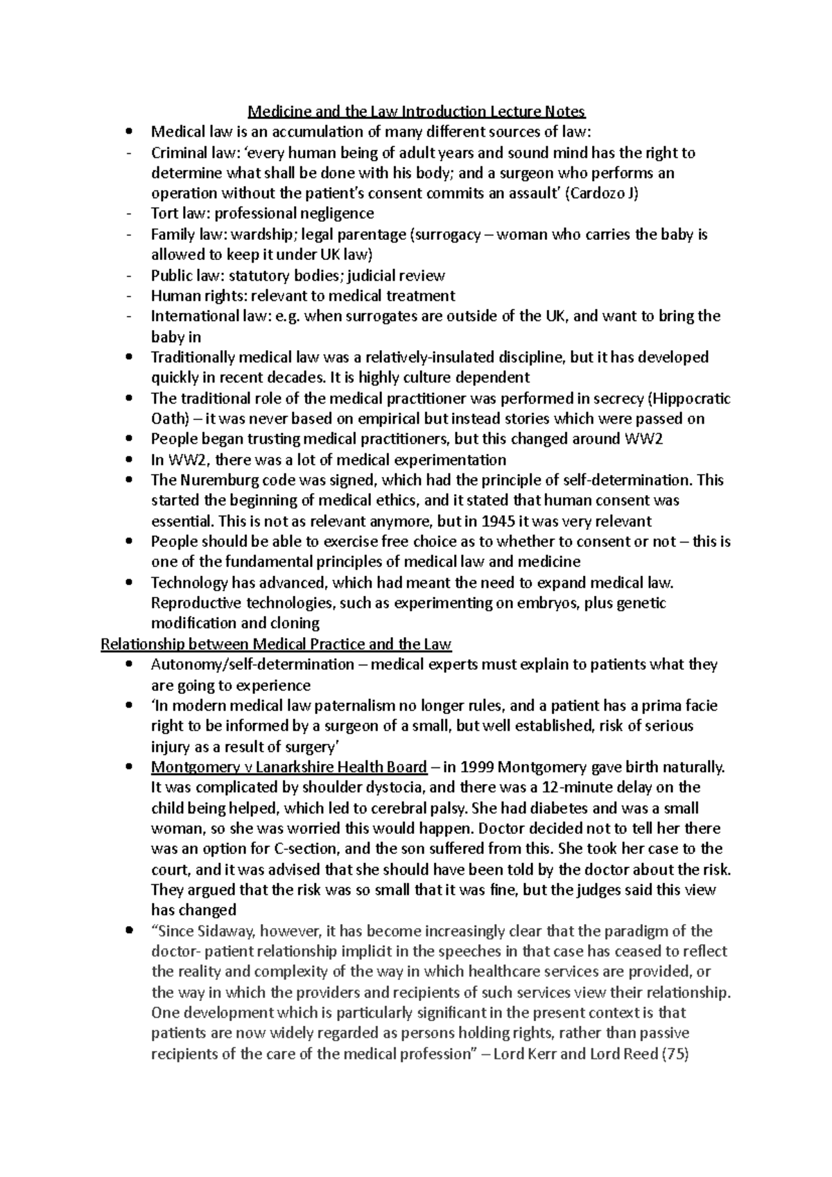 Introduction Notes typed up - Medicine and the Law Introduction Lecture ...