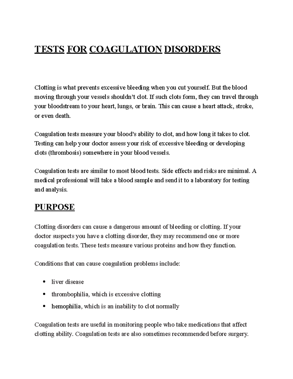 Test For Coagulation Disorders - TESTS FOR COAGULATION DISORDERS ...