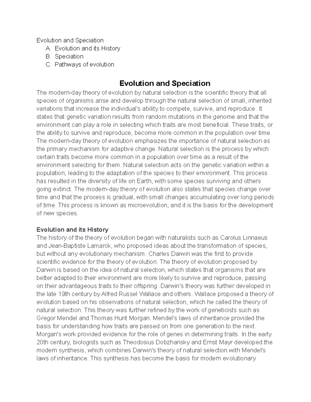 Evolution and Speciation - Evolution and its History B. Speciation C ...