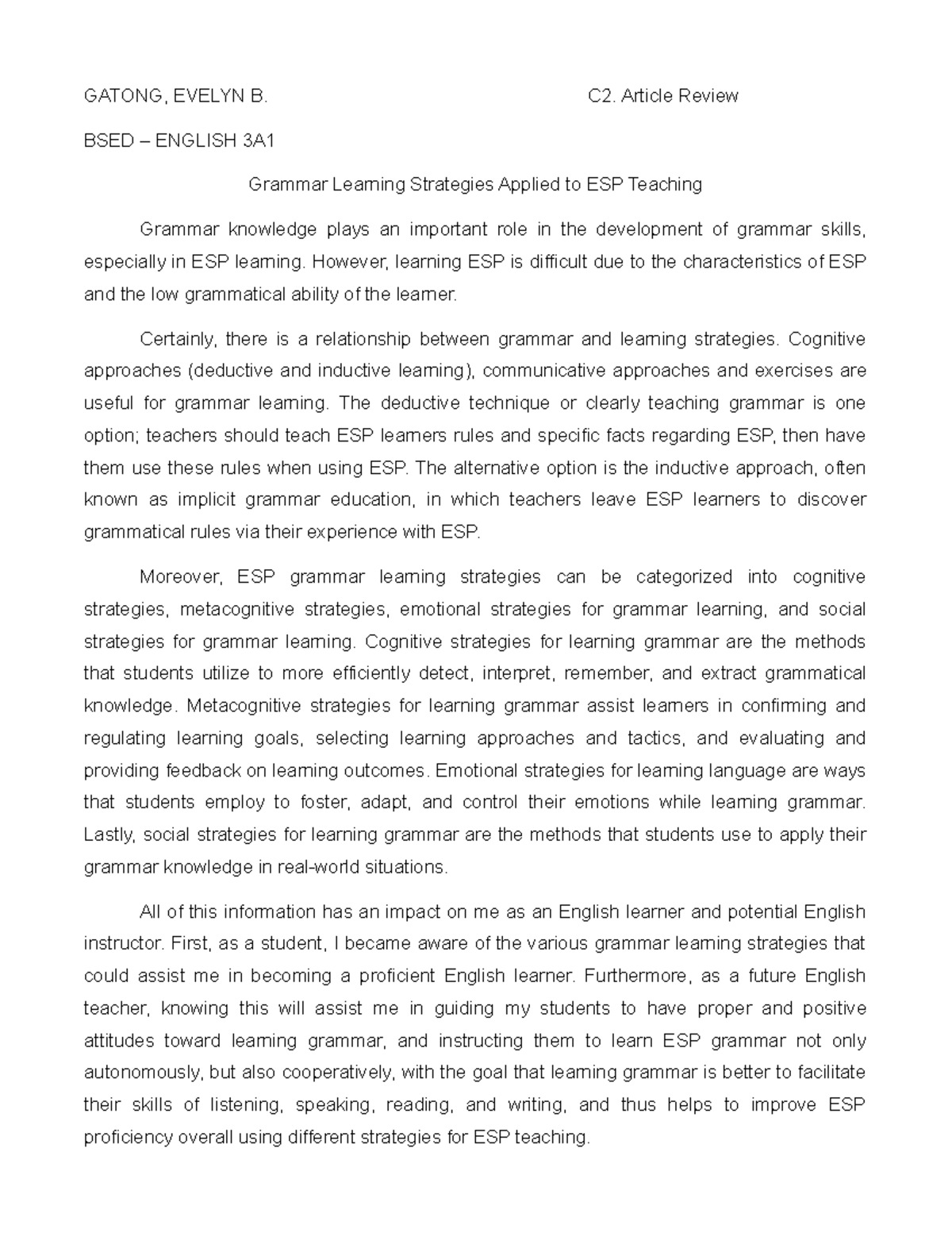 C2. Article Review - GATONG, EVELYN B. C2. Article Review BSED ...