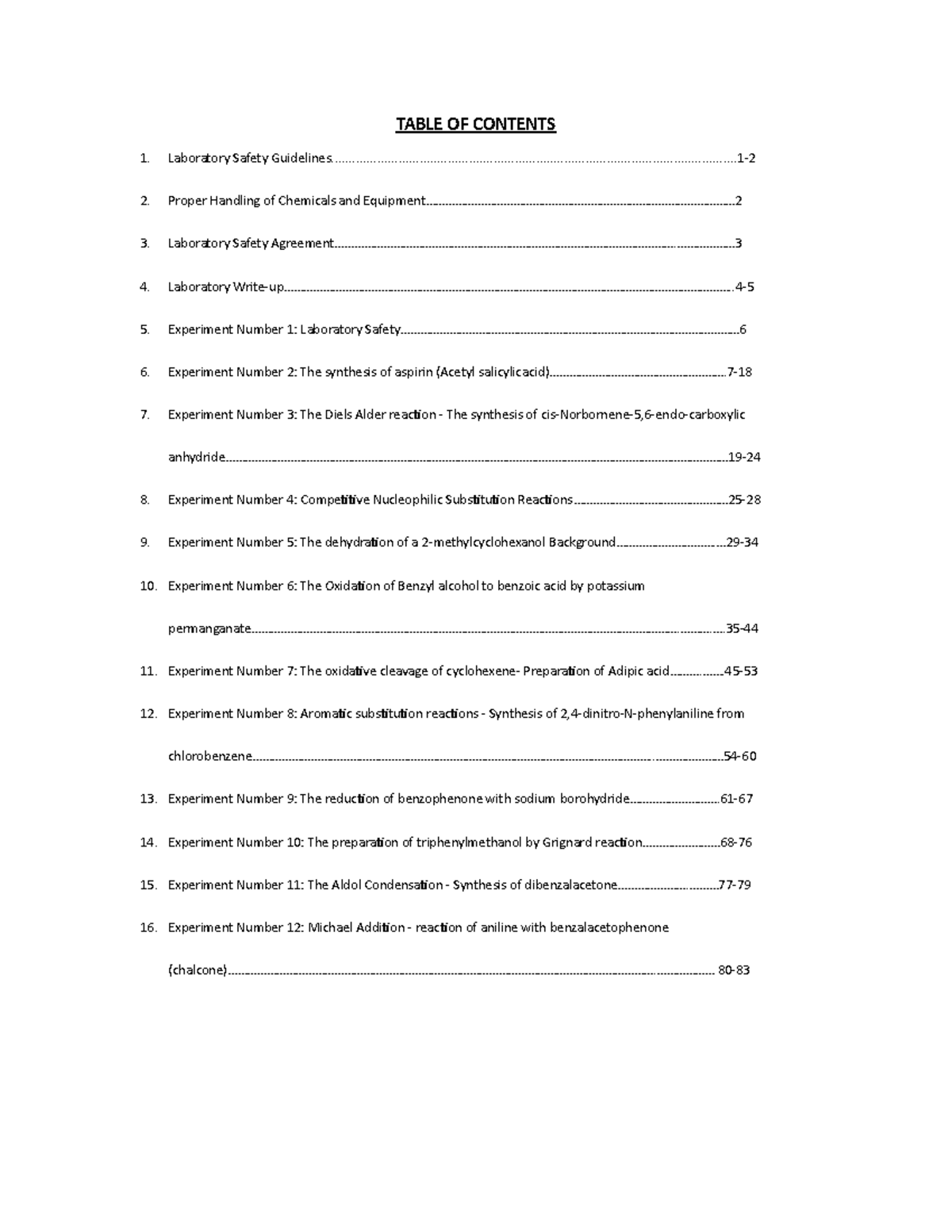 Lab book - organic chemistry lab book - TABLE OF CONTENTS Laboratory ...