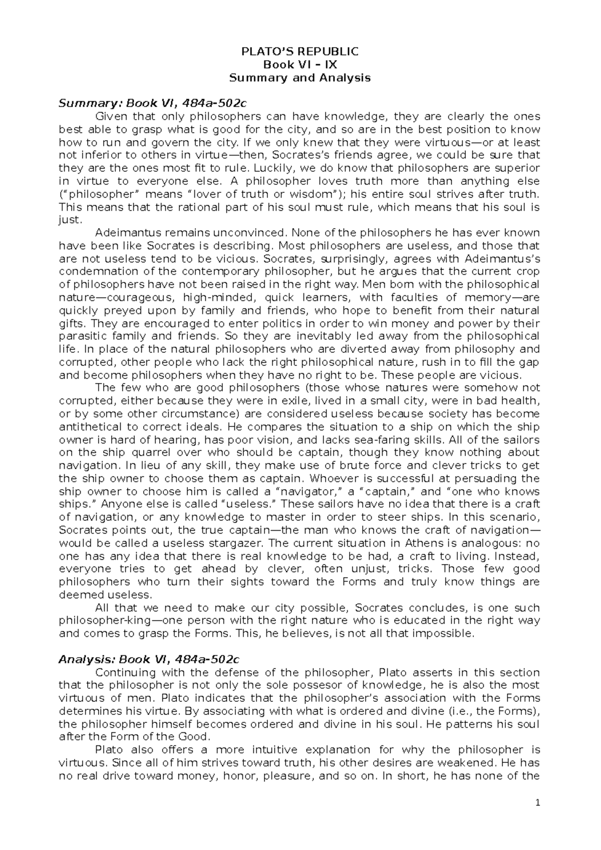 Republic Book VI - IX with Analysis and Summary - PLATO’S REPUBLIC Book VI – IX Summary and ...