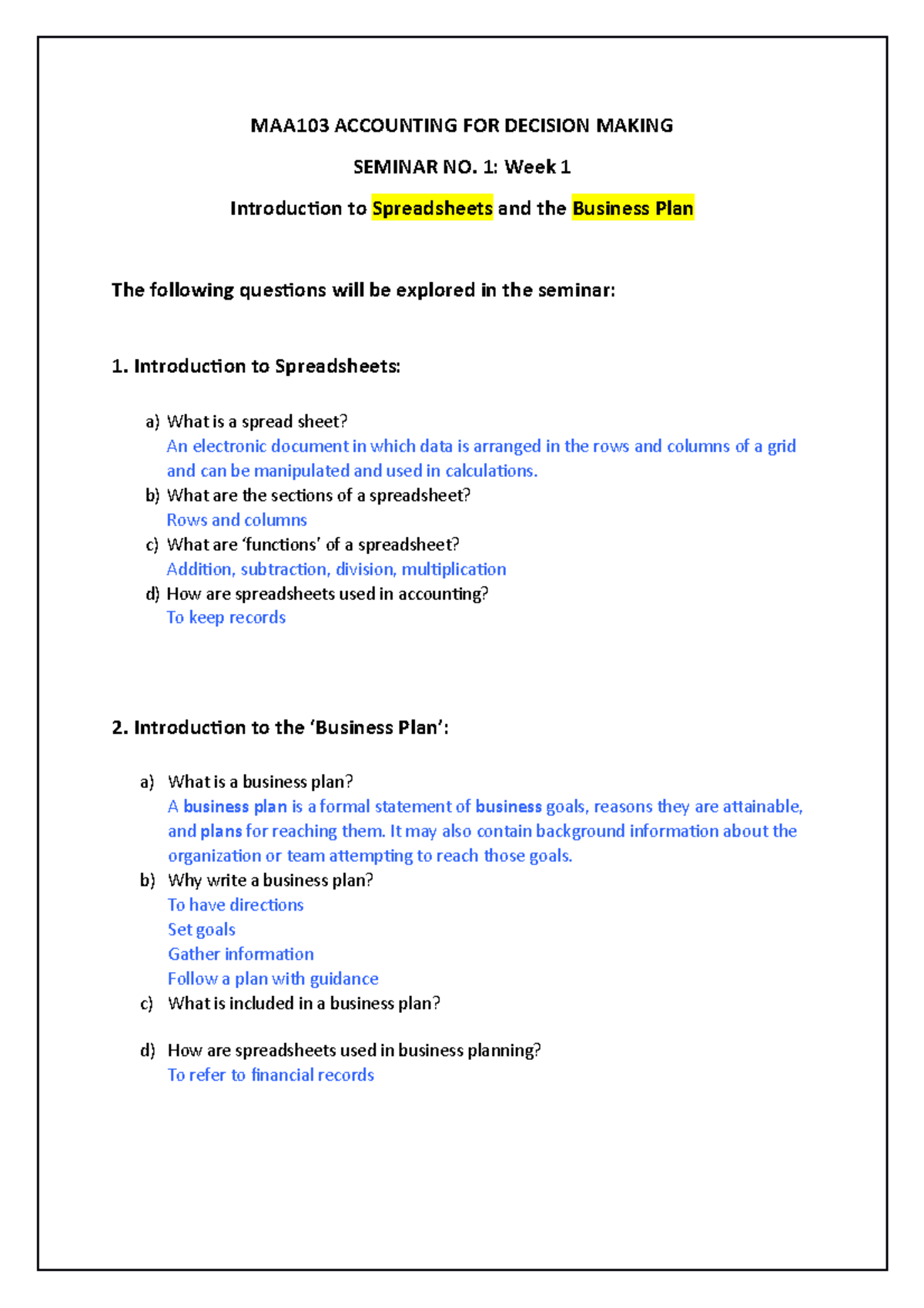 Seminar 1 - MAA103 ACCOUNTING FOR DECISION MAKING SEMINAR NO. 1: Week 1 ...