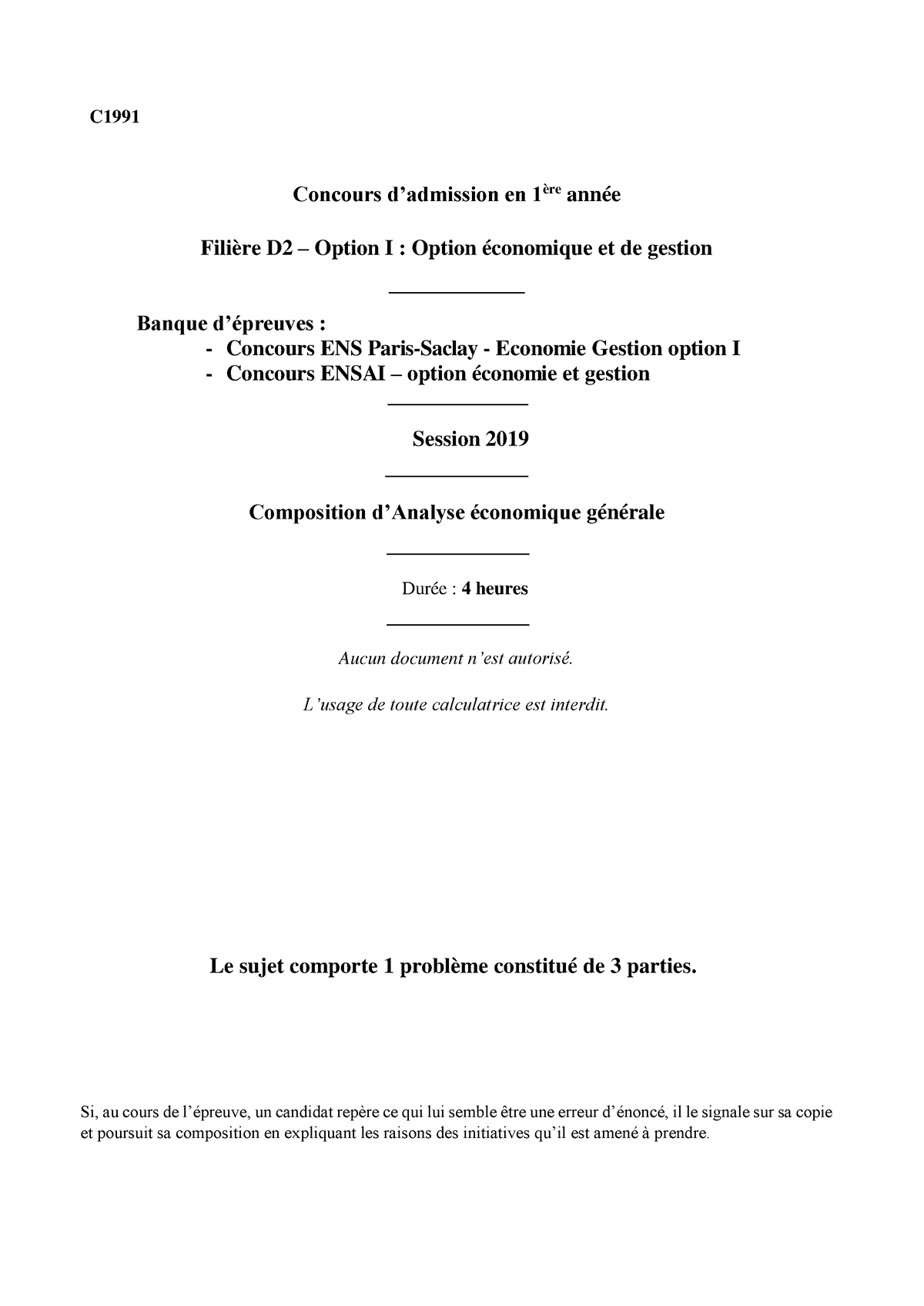 2019 Sujets Ecrits D2 Aeg C19 91 Concours Dadmission En 1 ère Année Filière D2 Option I 