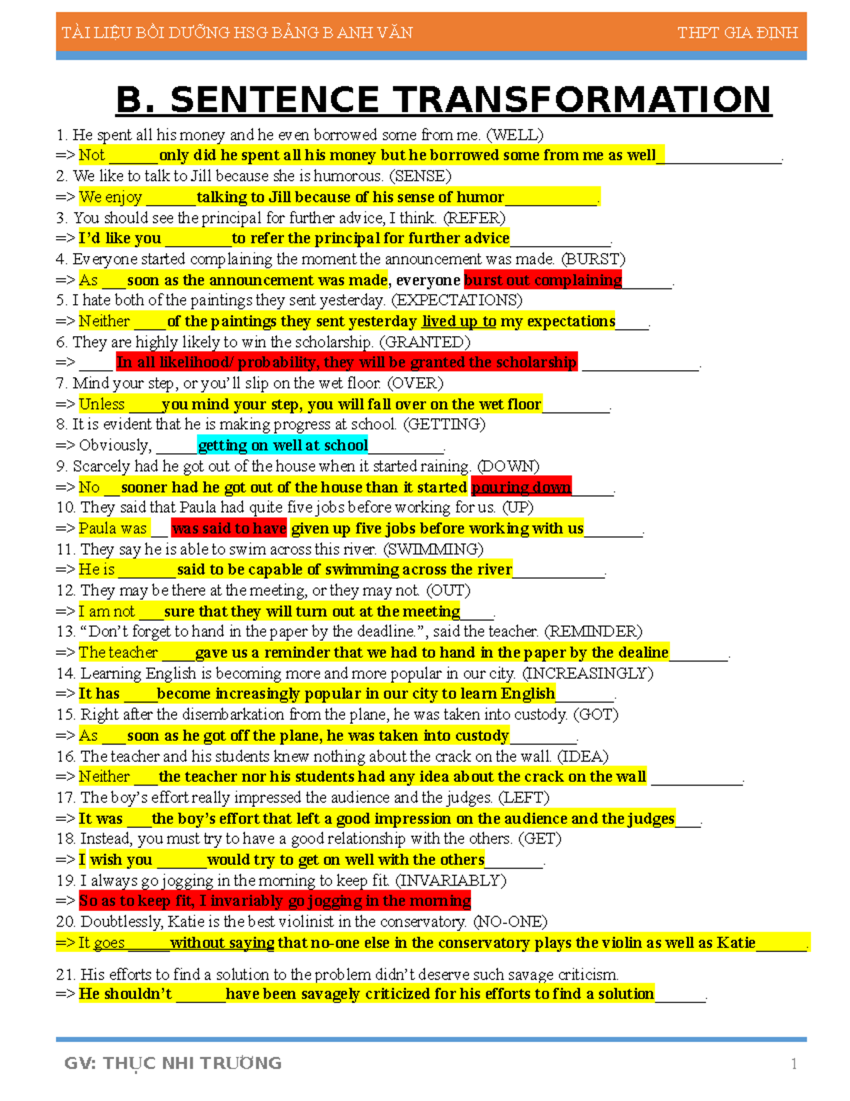 Trans 1 Rewrite sentences that help you guarantee Advanced English Skills B. SENTENCE Studocu