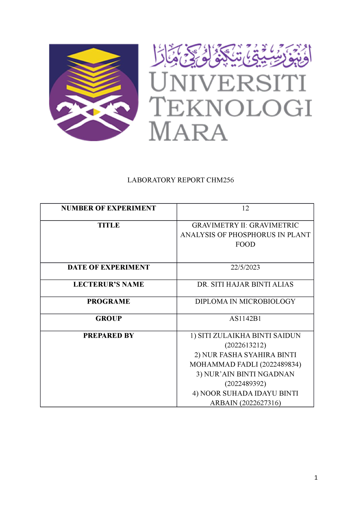 Experiment 12 (1) - Lab Report - LABORATORY REPORT CHM NUMBER OF ...