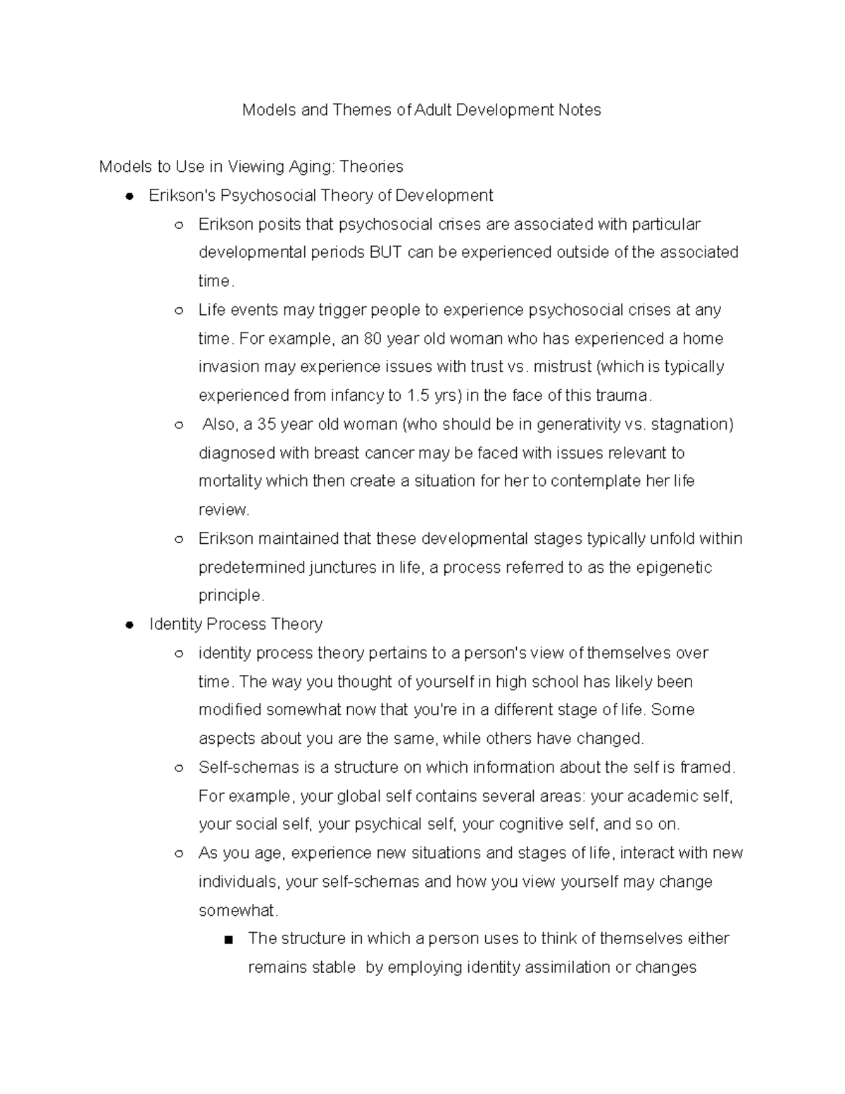 Models and Themes of Adult Development Notes - Life events may trigger ...