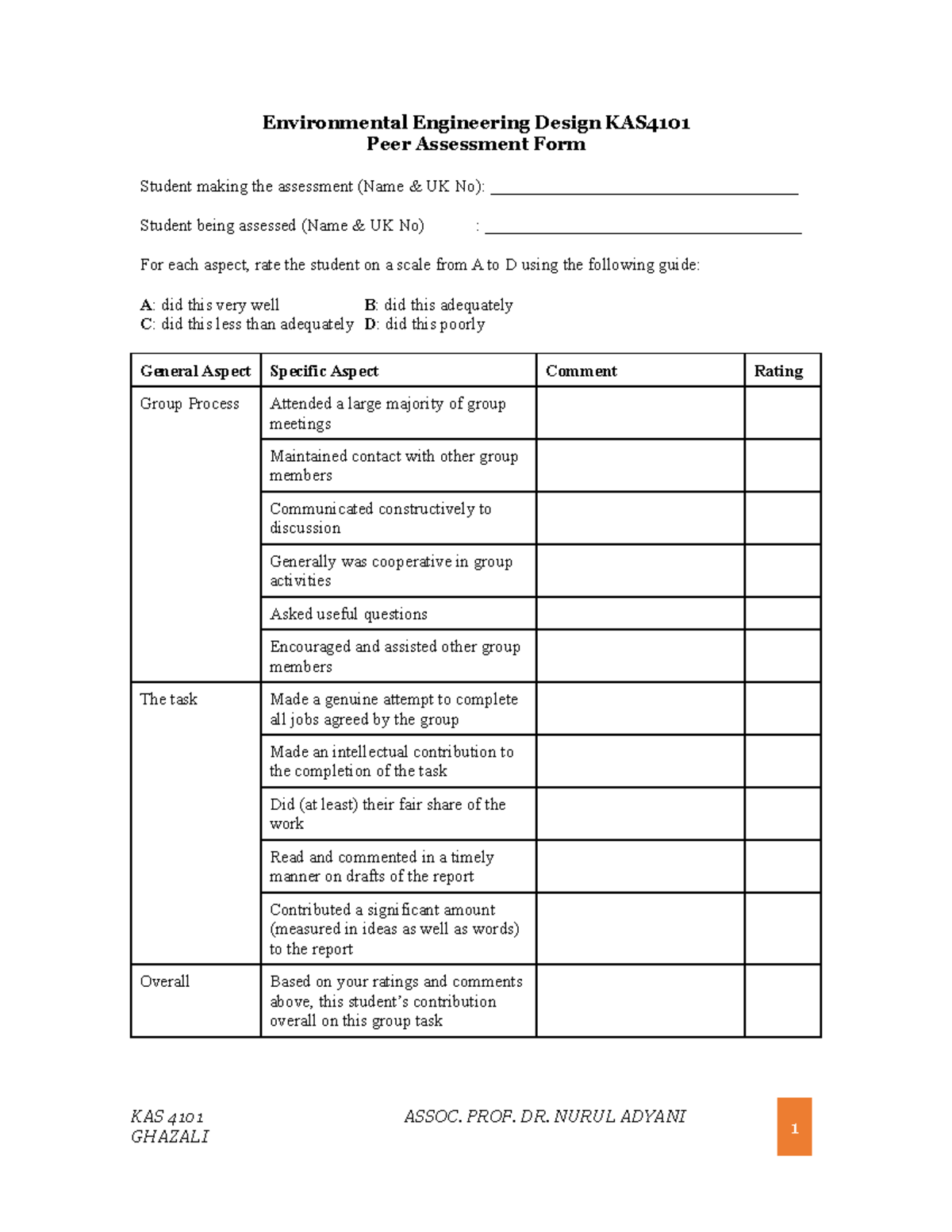 Peer Assessment Form for Design Project - Peer Assessment Form Student ...