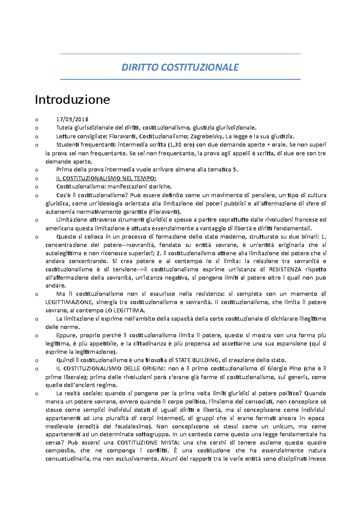 Diritto Costituzionale - DIRITTO COSTITUZIONALE Introduzione O O O O O ...