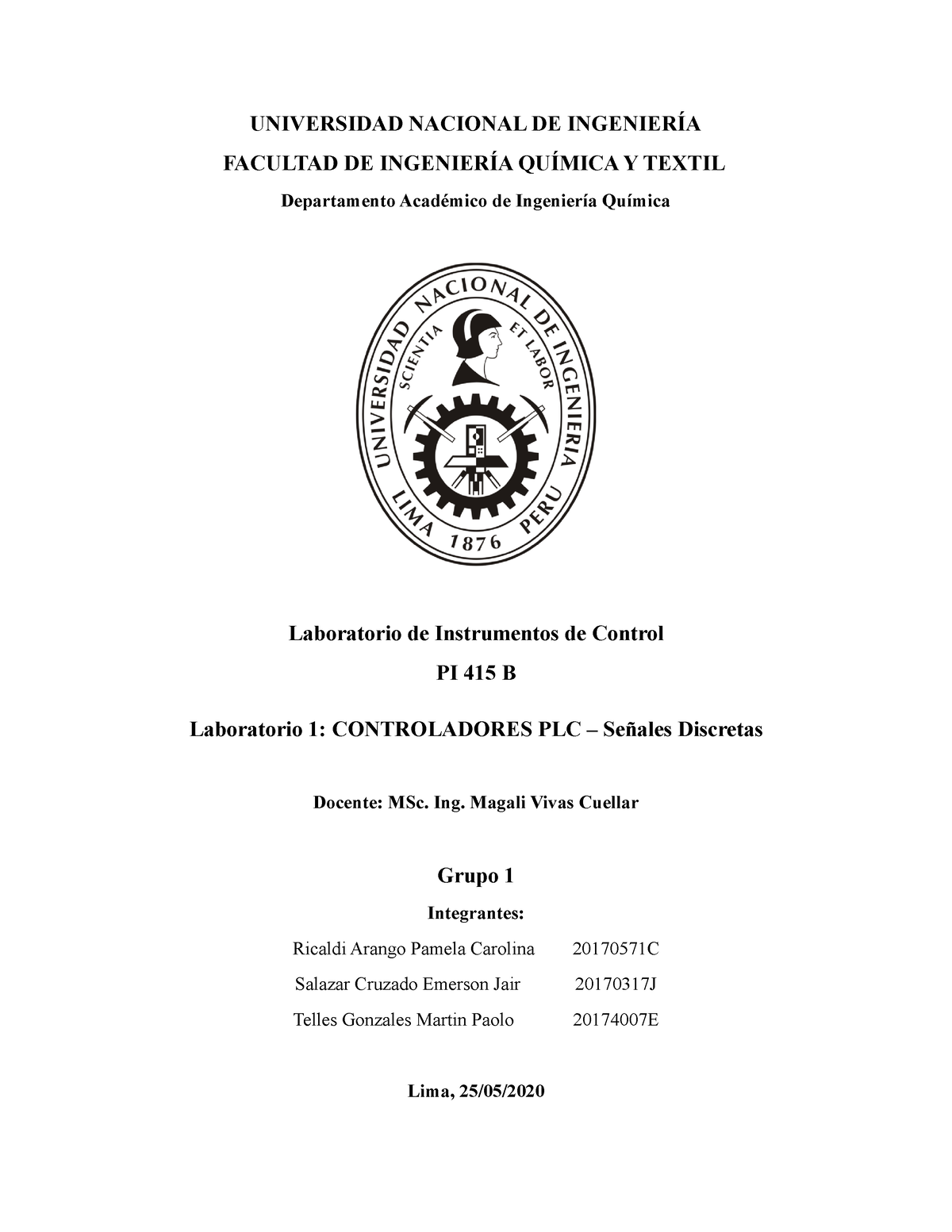 Laboratorio 1 PI415B - Grupo 1 - UNIVERSIDAD NACIONAL DE INGENIERÍA ...