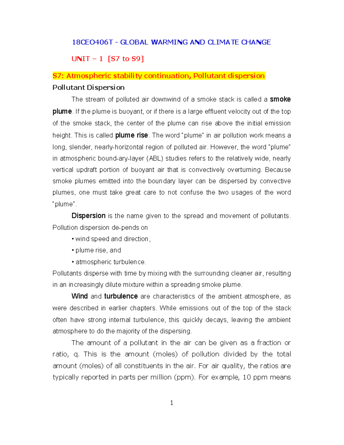Unit1B - 18CEO406T - GLOBAL WARMING AND CLIMATE CHANGE UNIT – 1 [S7 to ...