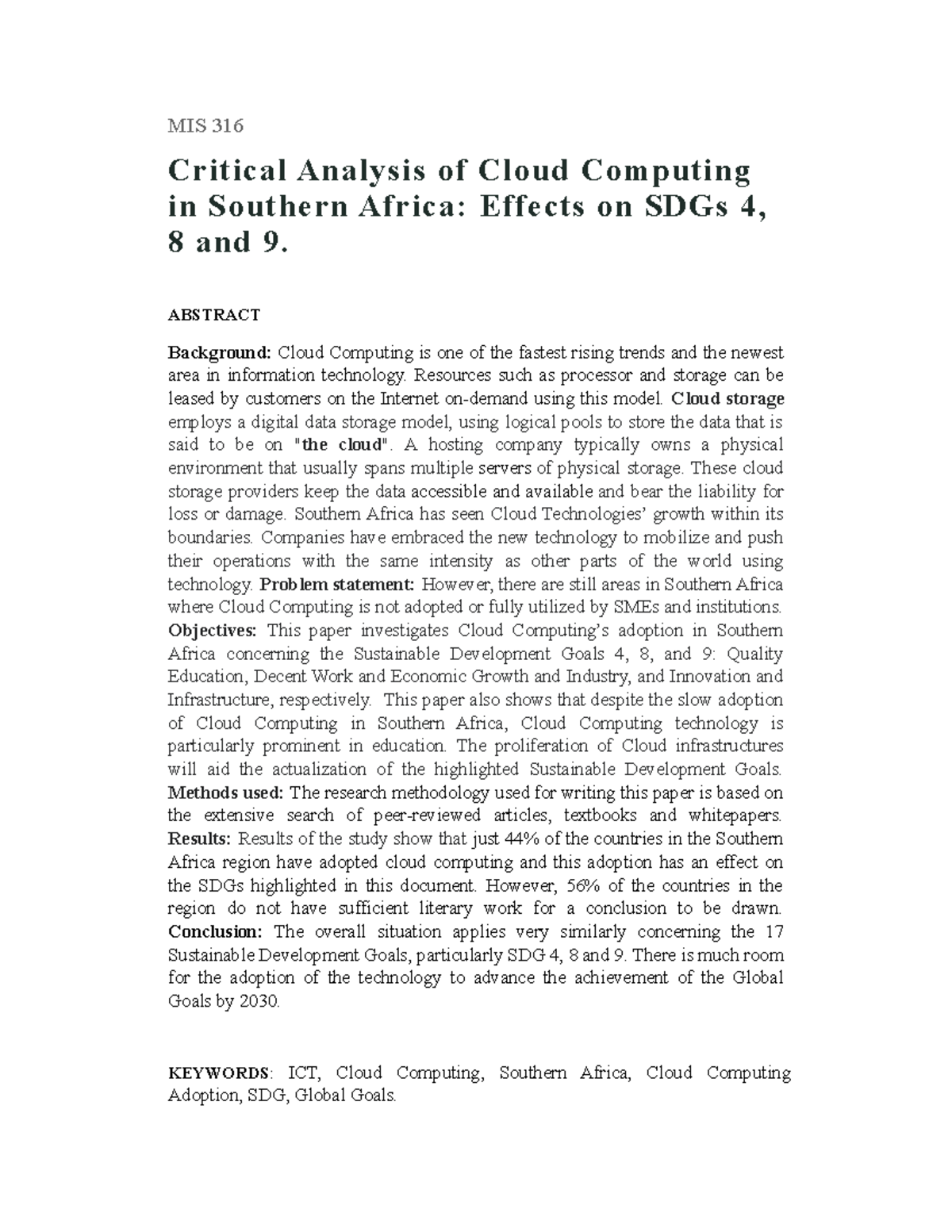Cloud Computing IN Southern Africa - MIS 316 Critical Analysis of Cloud ...