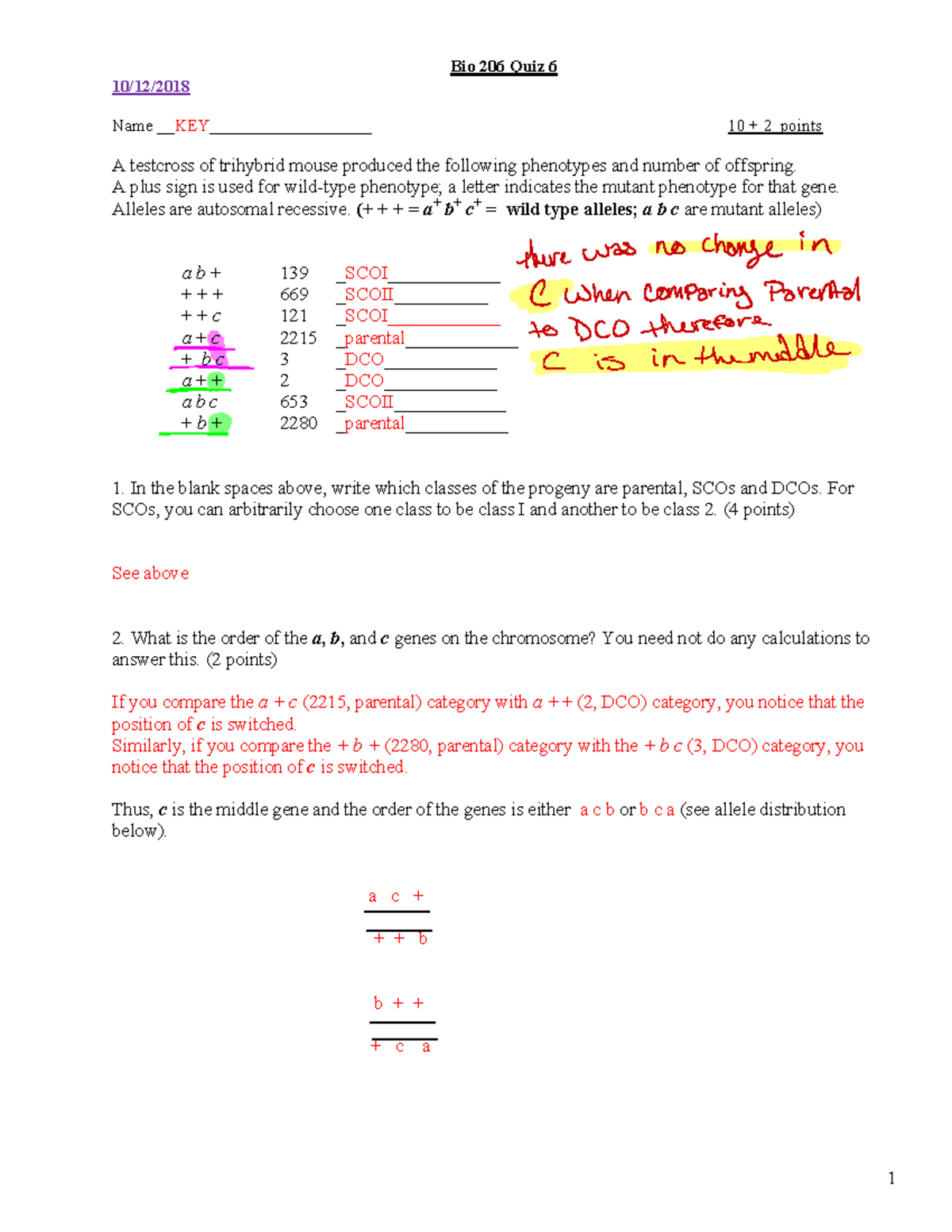 Bio 206 Quiz 6 Answer Key 1 Bio 206 Quiz 6 10/12/ Name KEY