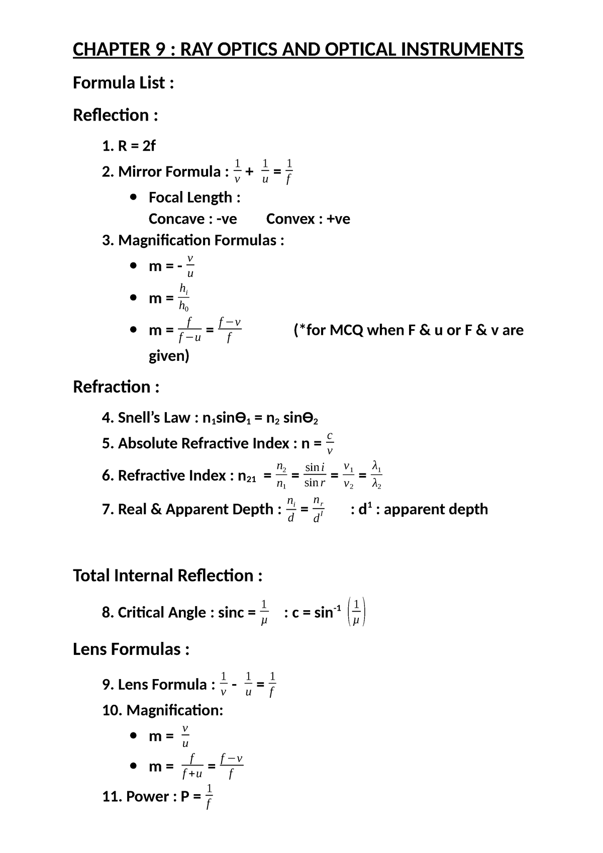 RAY Optics Notes - CHAPTER 9 : RAY OPTICS AND OPTICAL INSTRUMENTS ...