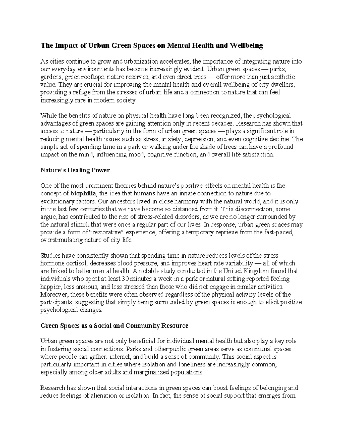 The Impact of Urban Green Spaces on Mental Health and Wellbeing - Urban ...