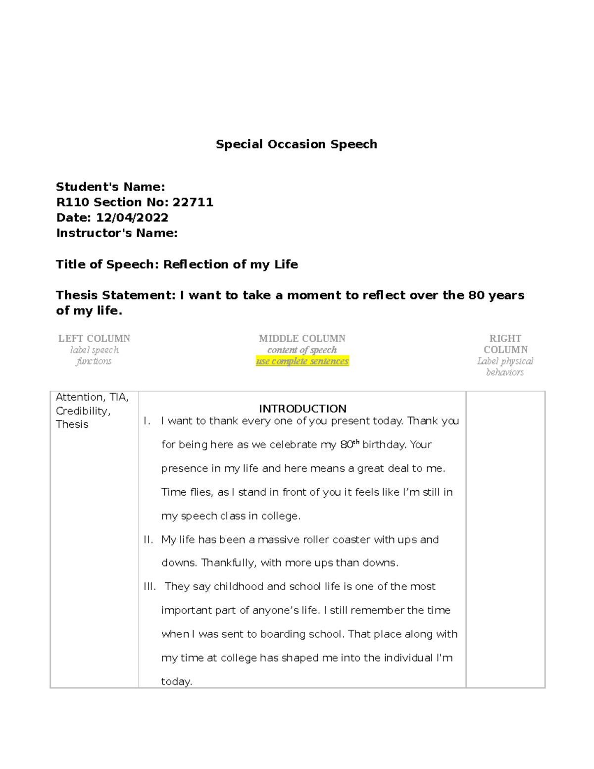 Special Occasion Outline Special Occasion Speech Student's Name R110