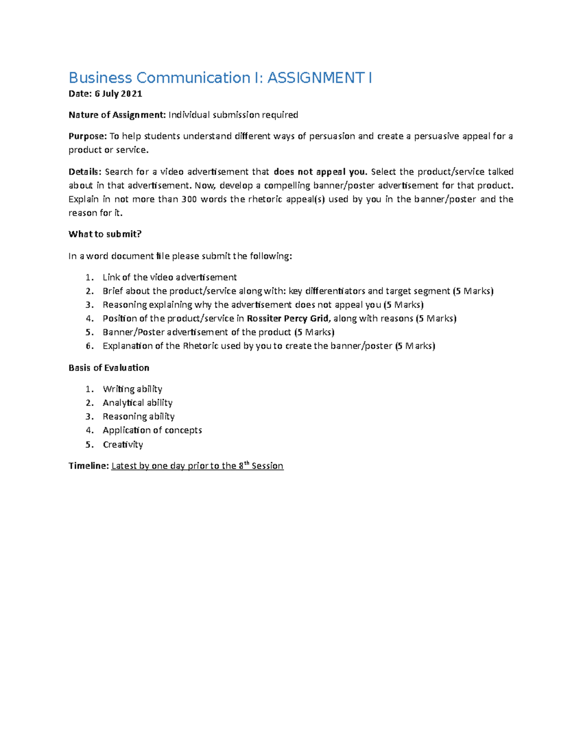 BCI MBA 21-23 Assignment I Details 5AWWy7KCYN - Business Communication ...