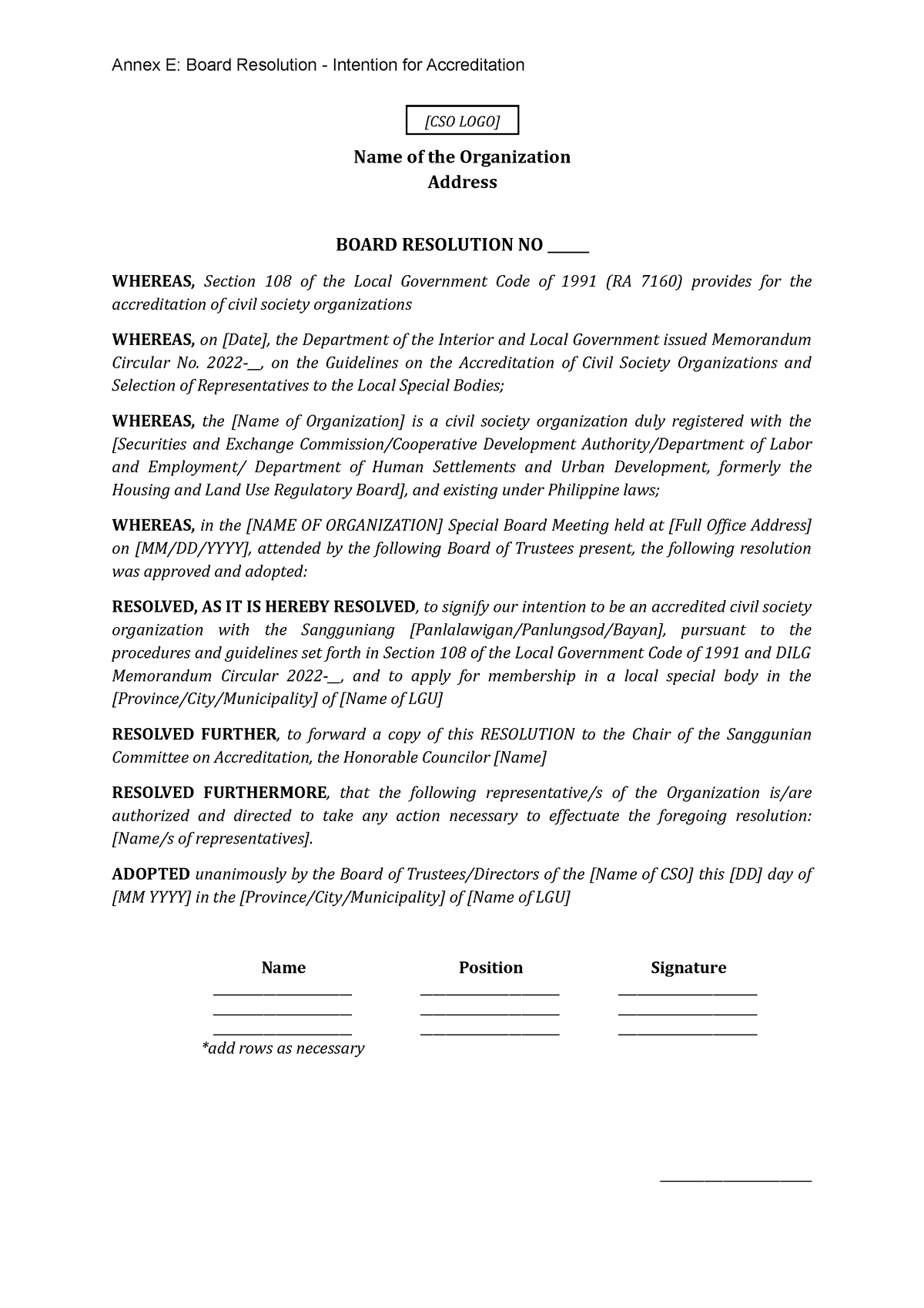 Annex E CSO Board Resolution - Annex E: Board Resolution - Intention ...