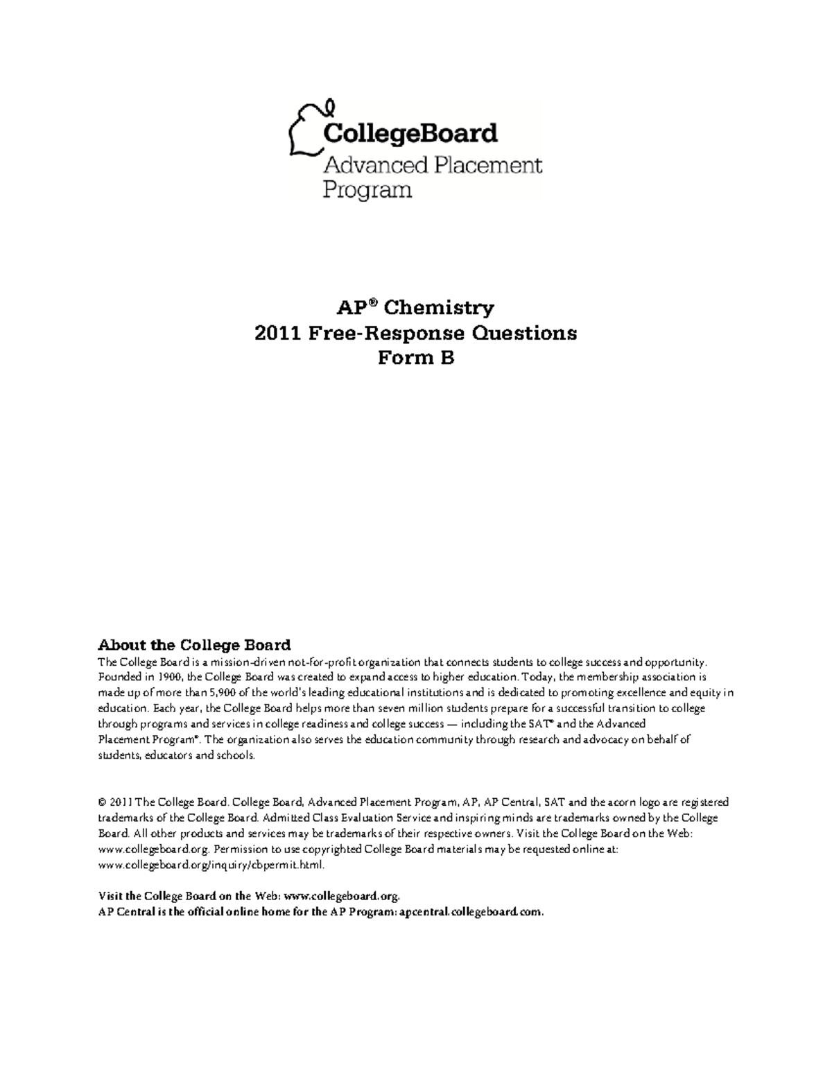 2011 AP Frq Chemistry Form B - AP ® Chemistry 2011 Free-Response ...