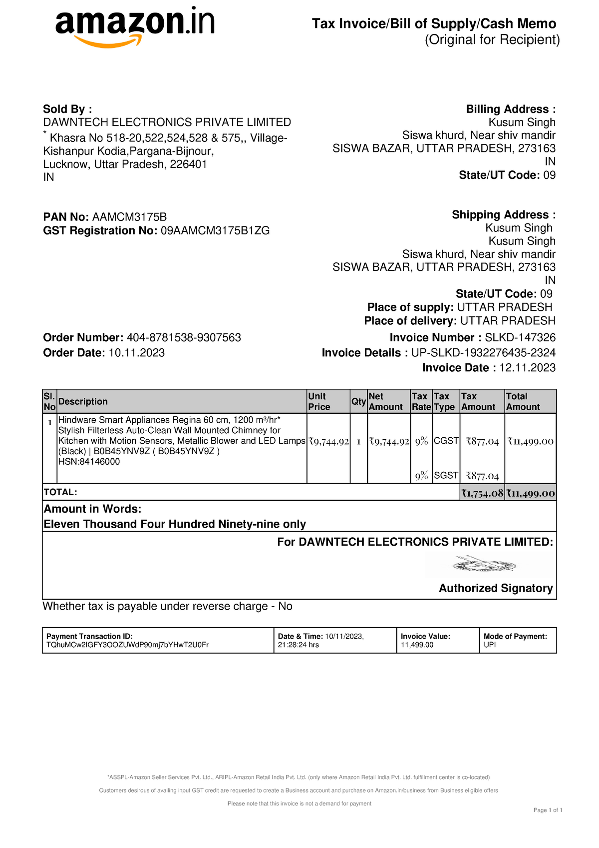 Invoice - Tax Invoice/Bill Of Supply/Cash Memo (Original For Recipient ...