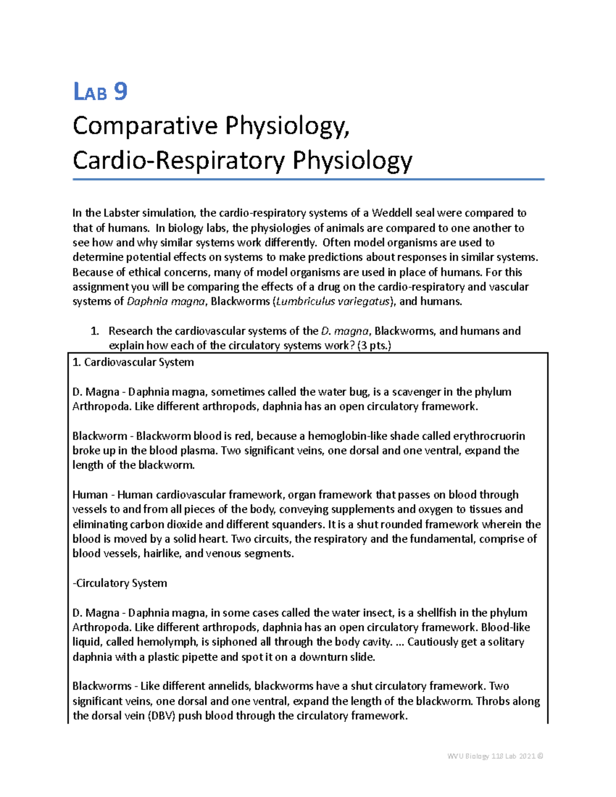 Lab 10 Help u LAB 9 Comparative Physiology, CardioRespiratory