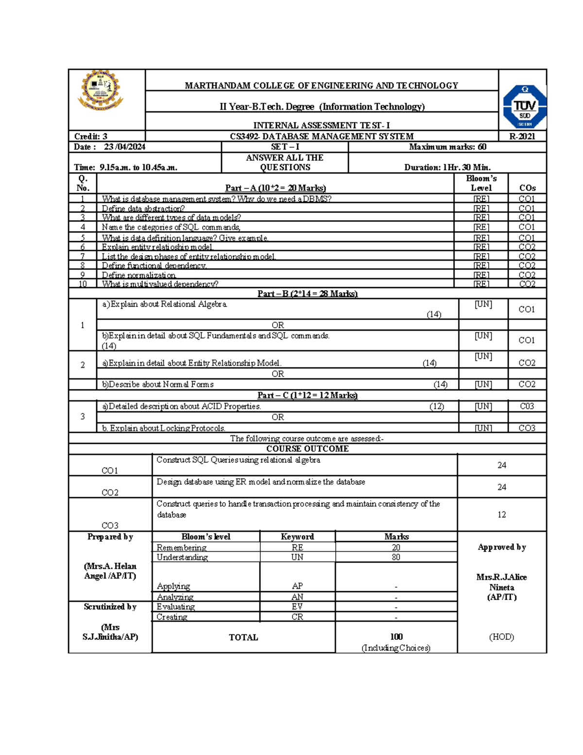 Internal 1 DBMS stud copy - MARTHANDAM COLLEGE OF ENGINEERING AND ...