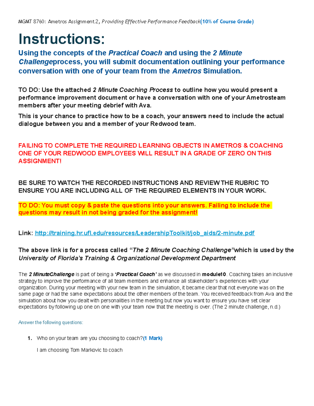 Effective Coaching Feedback Instructions Instructions Using the