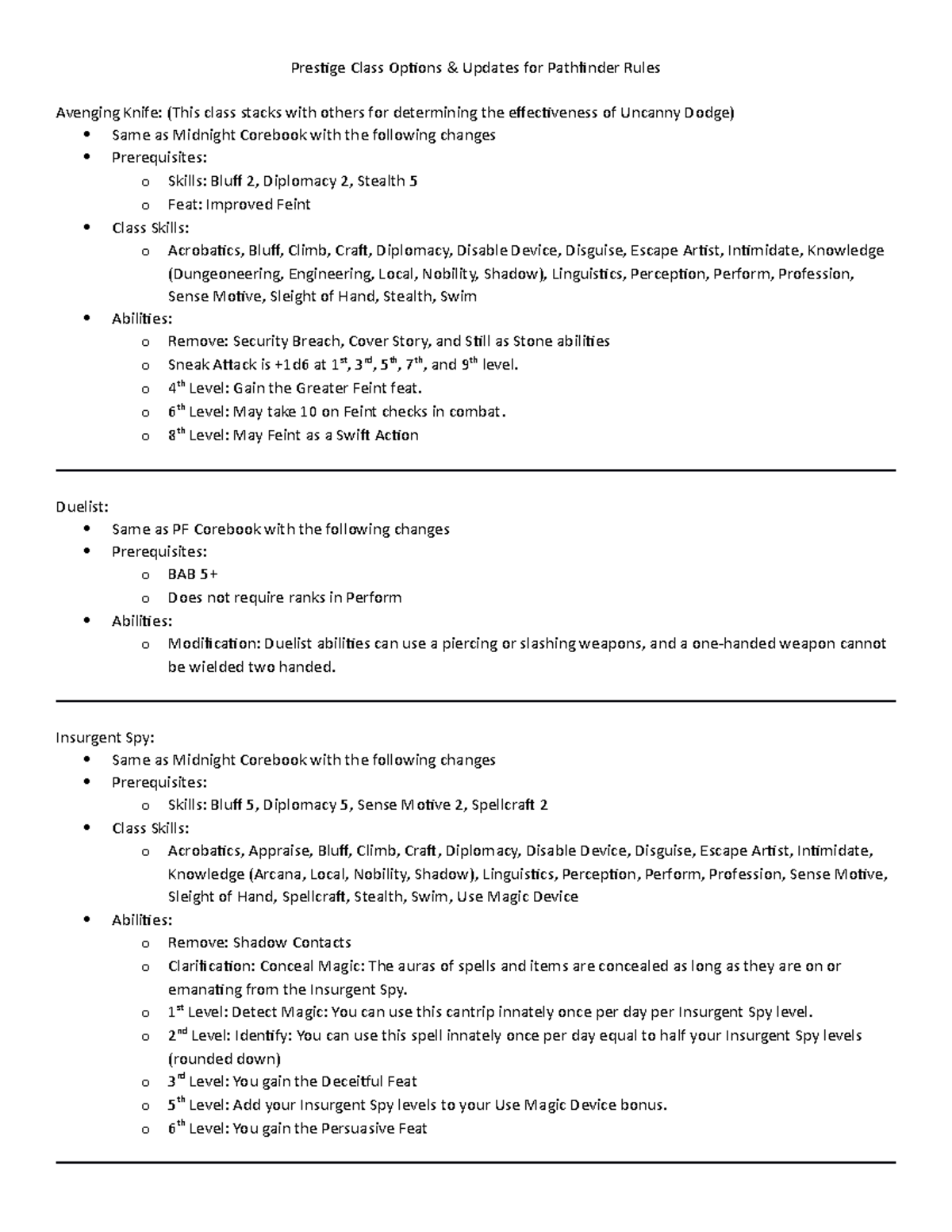 Prestige Class Updates Prestige Class Options & Updates for