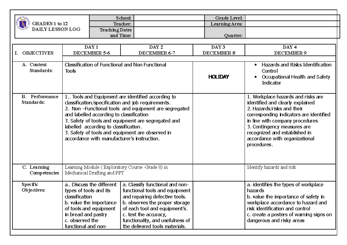 Sample DLL MHS - DLL - GRADES 1 to 12 DAILY LESSON LOG School: Grade ...