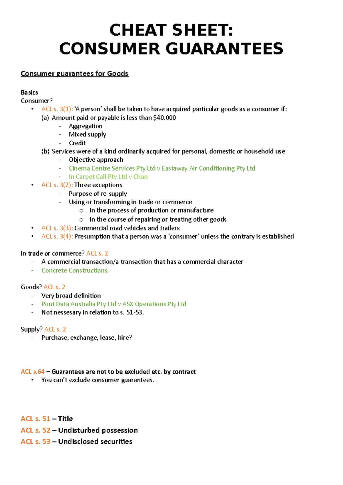 Cheat Sheet consumer gurantess CHEAT SHEET CONSUMER GUARANTEES