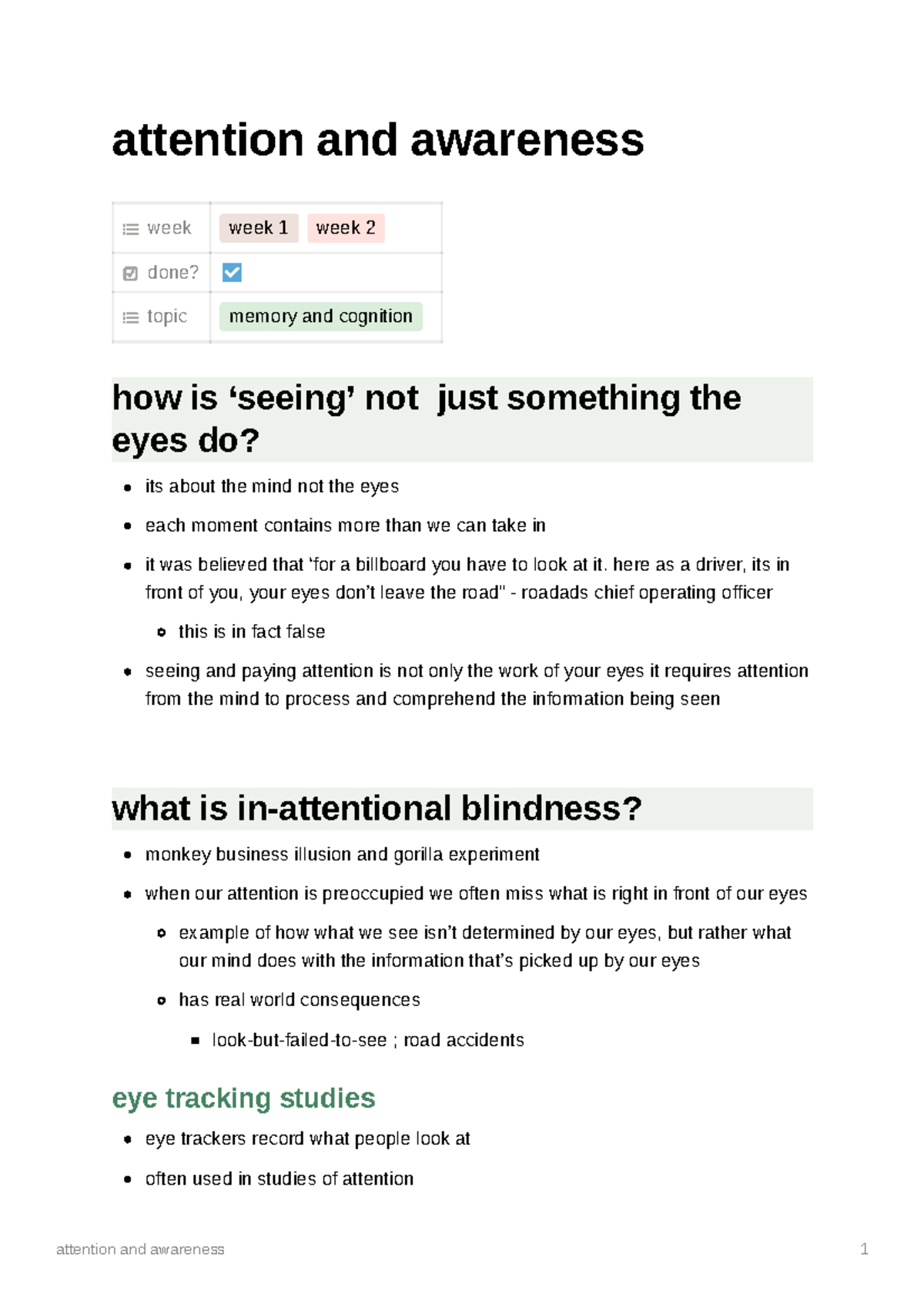 Attention and awareness - attention and awareness week week 1 week 2 ...