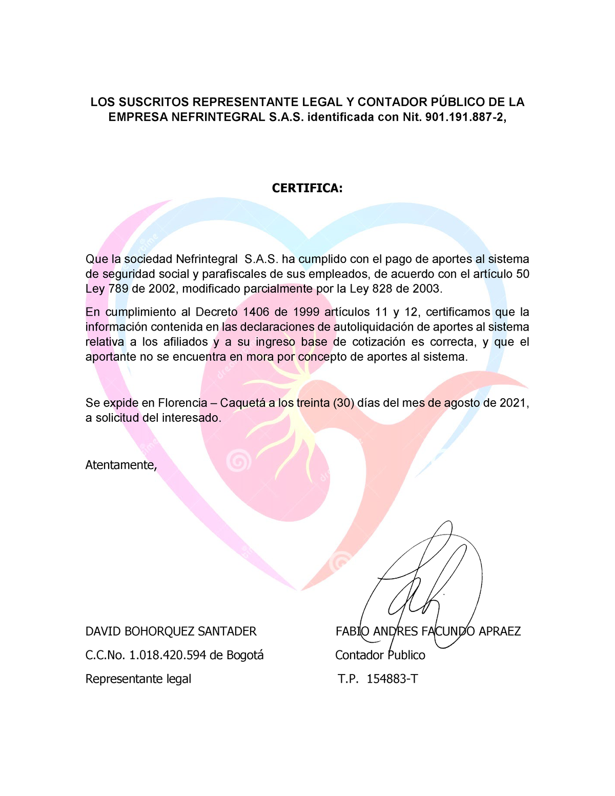 Certificado Parafiscales Y Ss Doc David Los Suscritos Representante