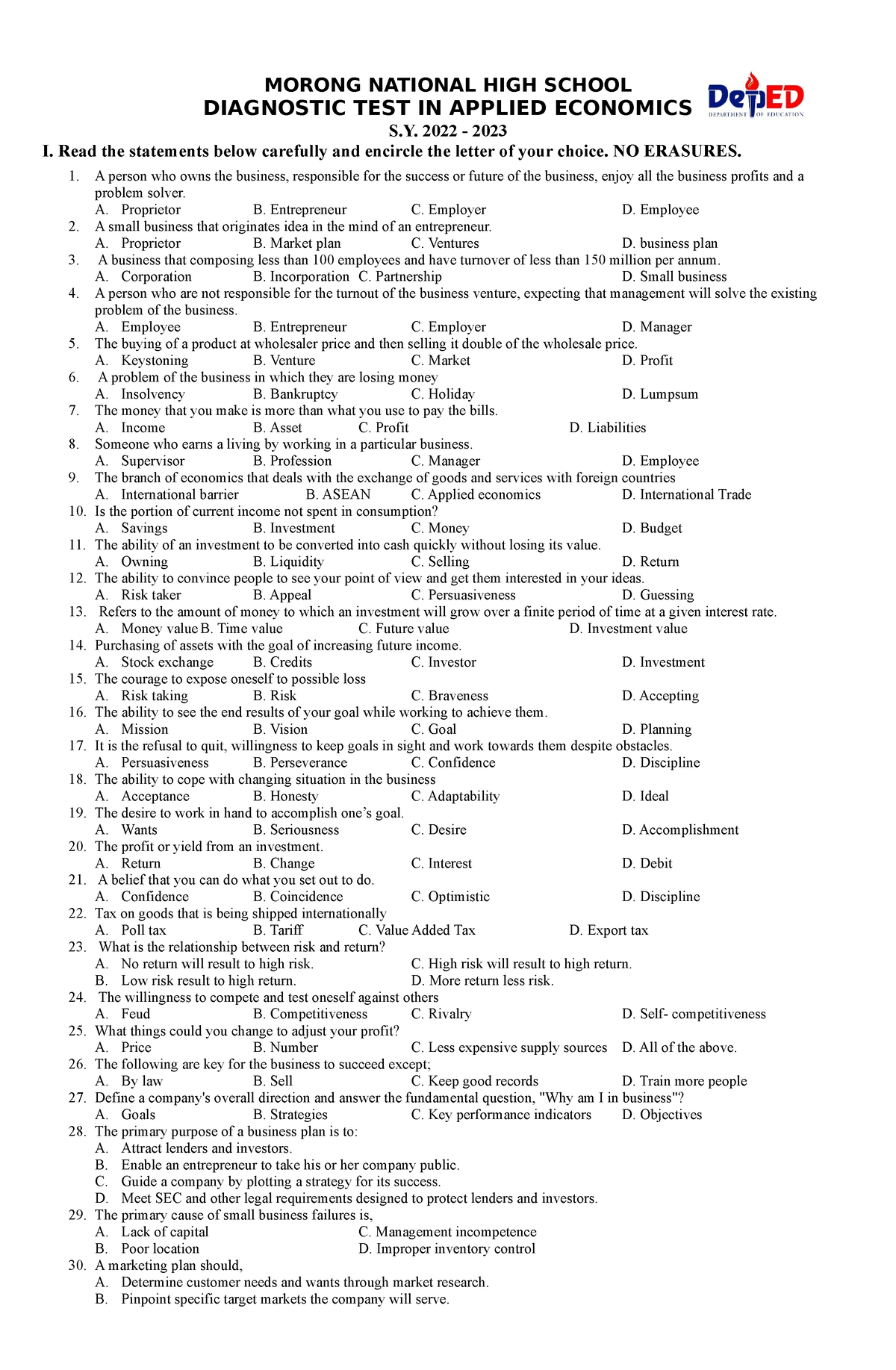 Diagnostic Test None MORONG NATIONAL HIGH SCHOOL DIAGNOSTIC TEST IN 