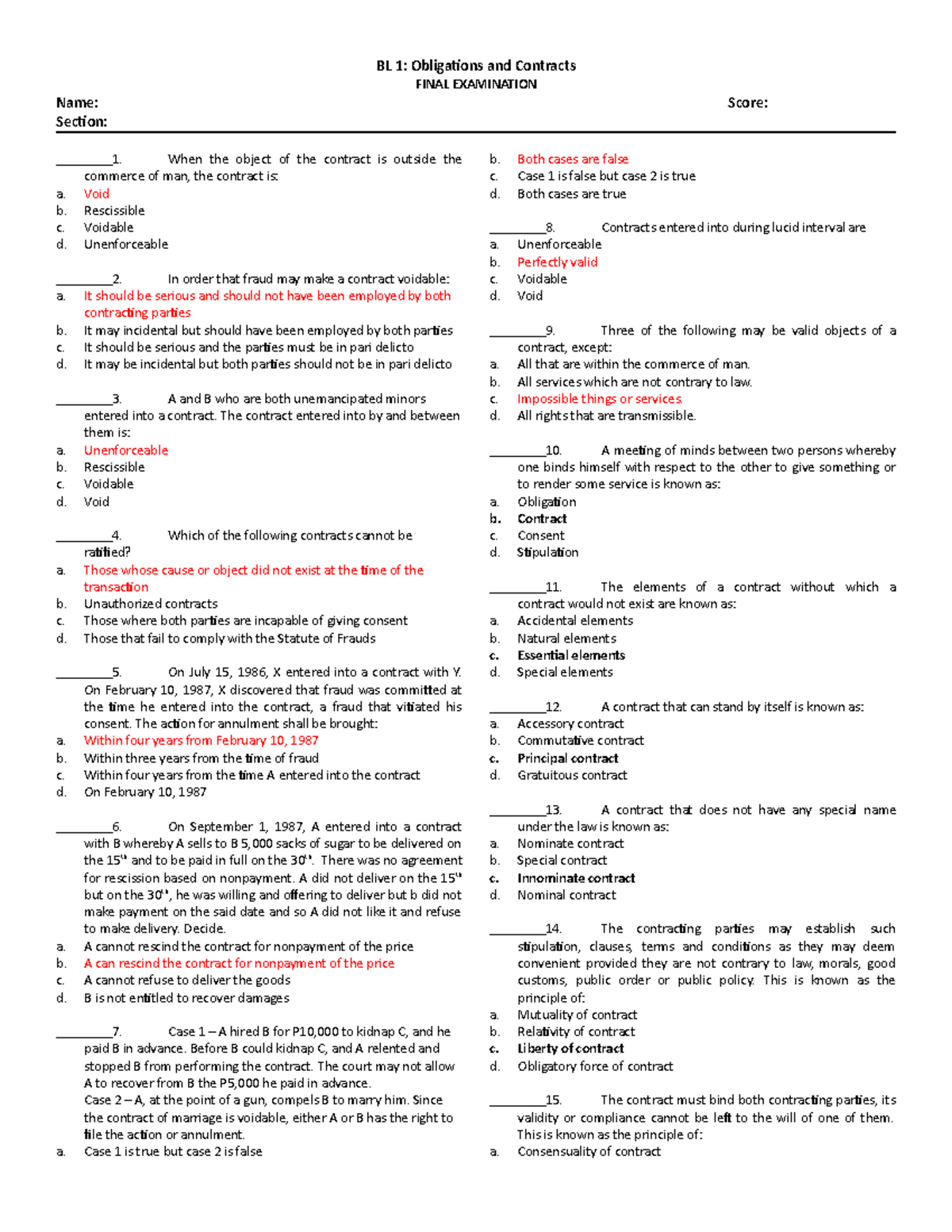 BL Final Exam Ans Key - BL 1: Obligations And Contracts FINAL ...