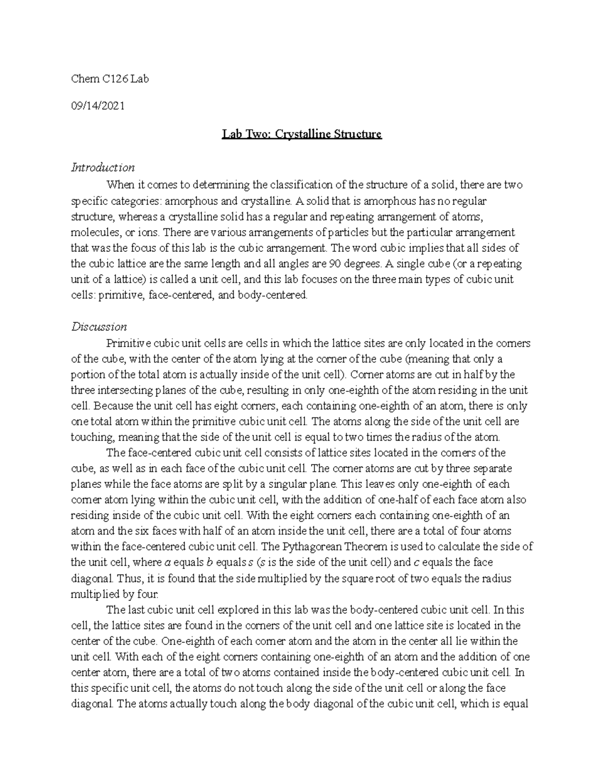C126 Lab Two Crystalline Structure - Chem C126 Lab 09/14/ Lab Two ...