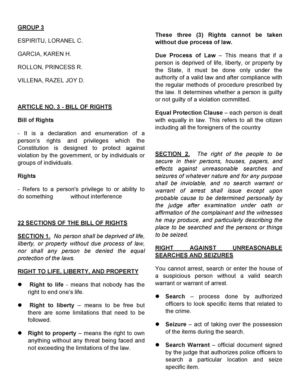 Article 3 Bill of Rights - GROUP 3 ESPIRITU, LORANEL C. GARCIA, KAREN H ...