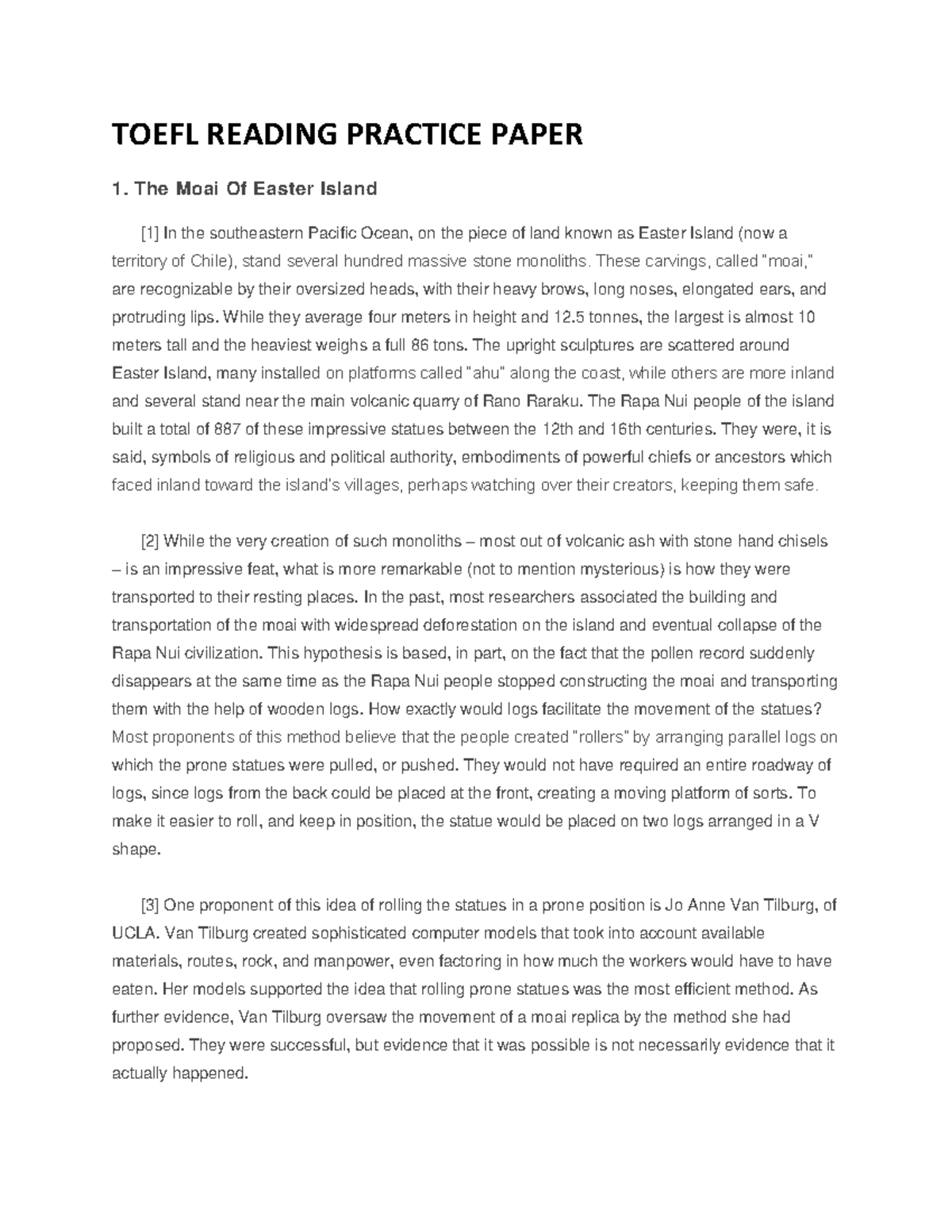 Toefl Reading Practice Paper TOEFL READING PRACTICE PAPER 1. The Moai