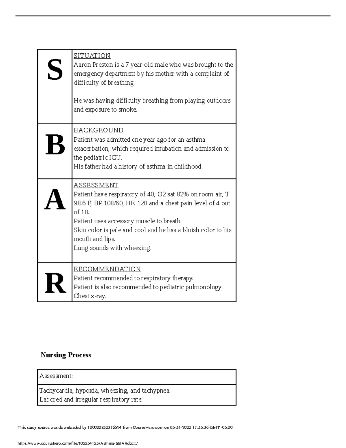 Asthma SBAR.docx - S SITUATION Aaron Preston is a 7 year-old male who ...