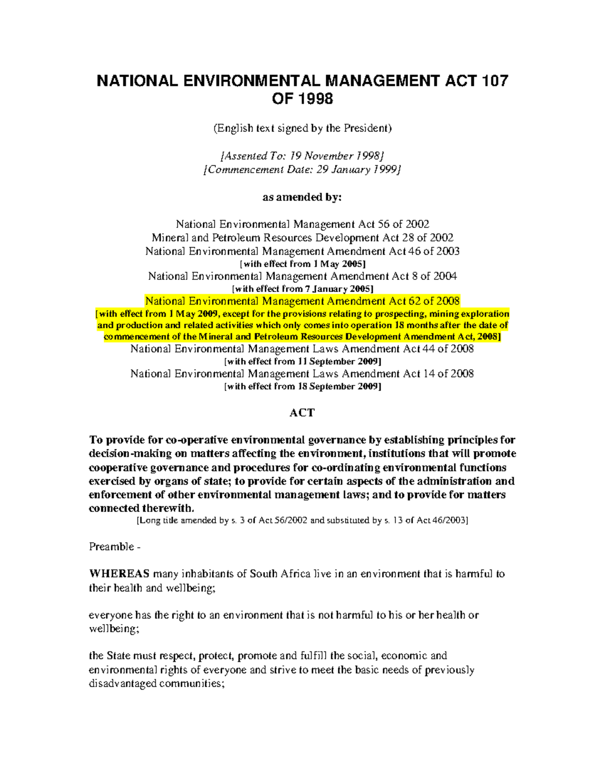 NATIONAL ENVIRONMENTAL MANAGEMENT ACT 107 OF 1998 [Long title amended
