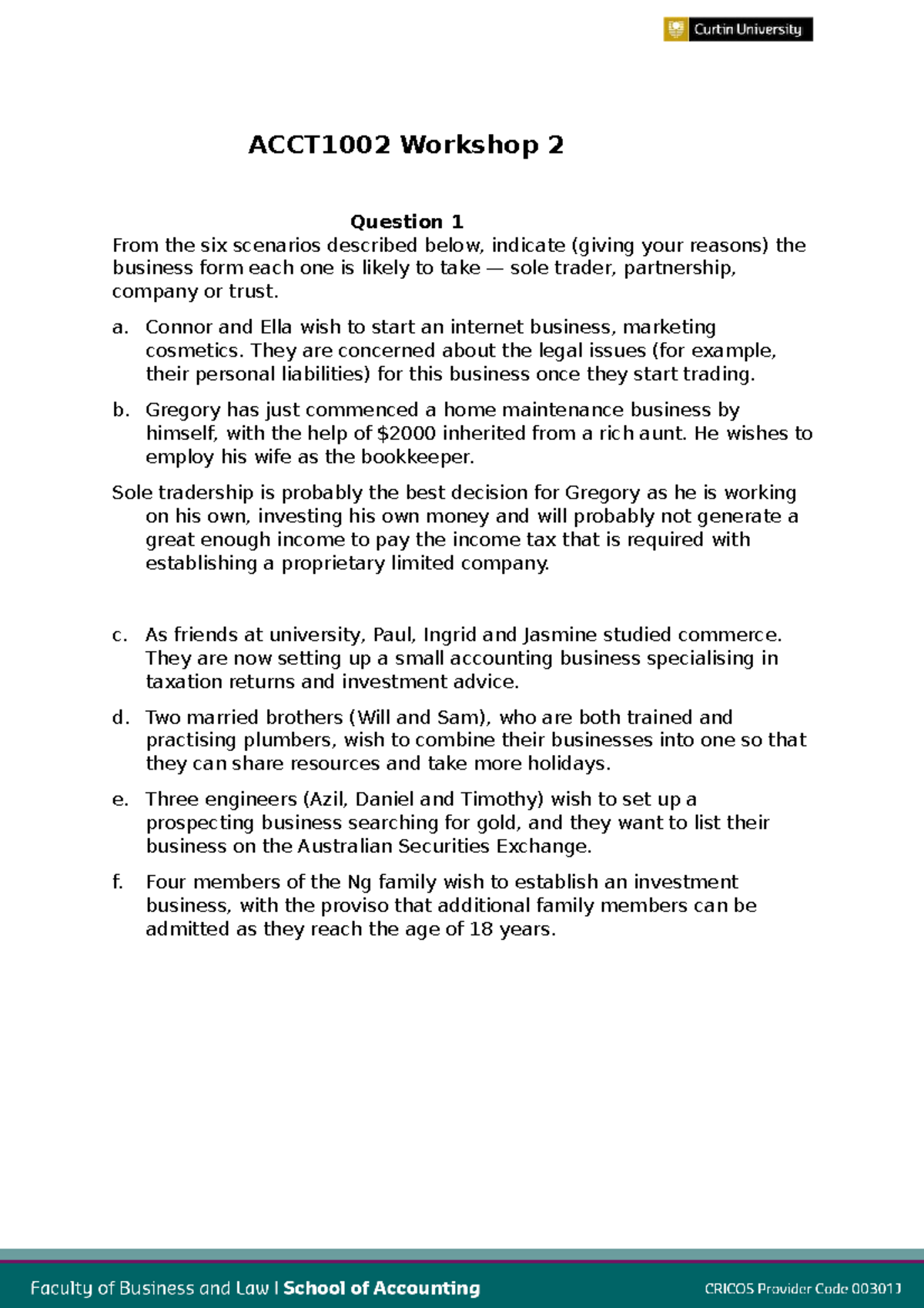 Acct1002 M2 Workshop Questions Acct1002 Workshop 2 Question 1 From