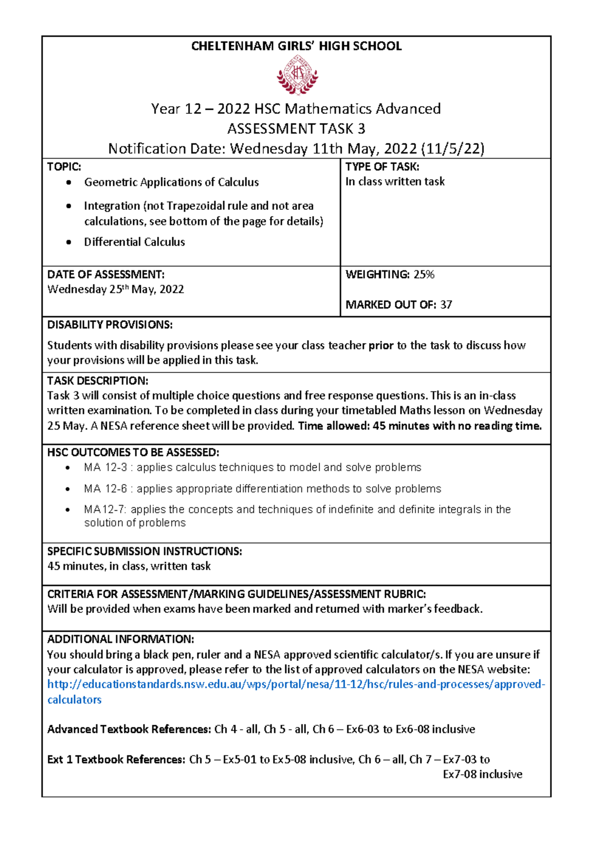 Year 12 2022 Assessment Task 3 Notification - CHELTENHAM GIRLS’ HIGH ...
