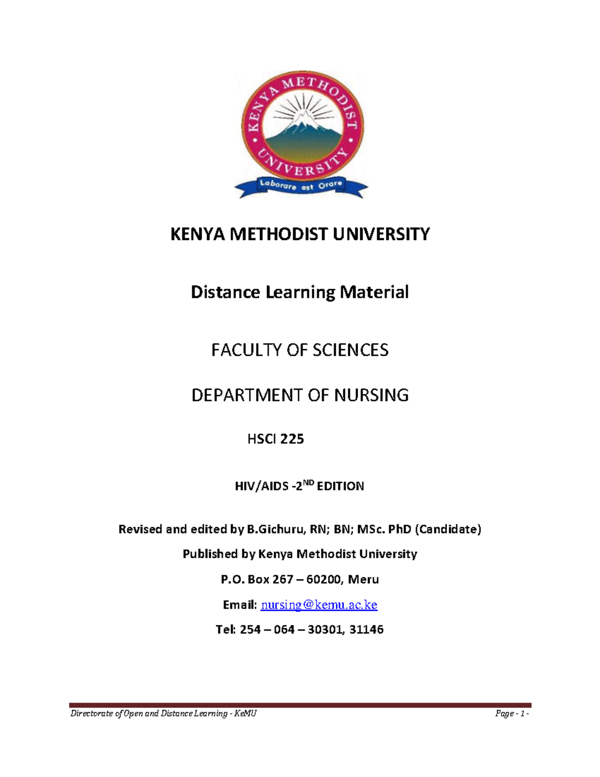 HSCI 225- HIV-AIDS Notes - KENYA METHODIST UNIVERSITY Distance Learning ...