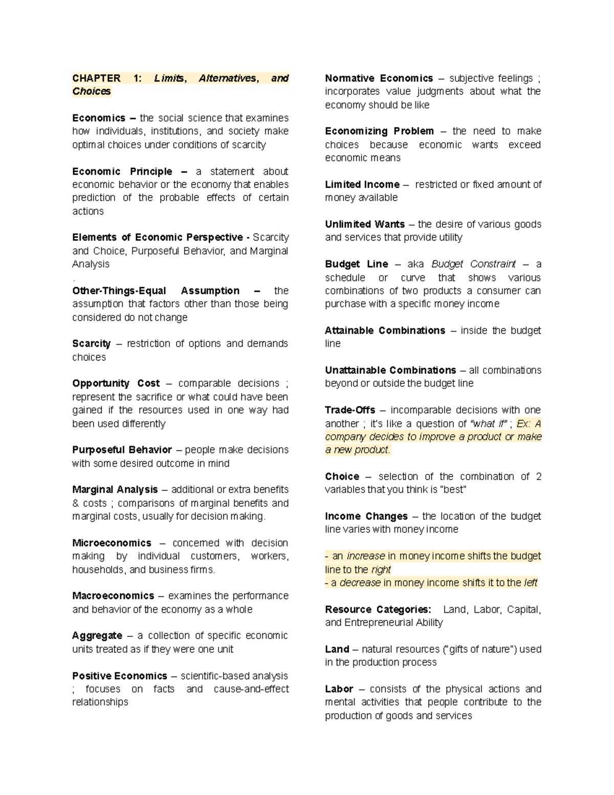ECON Midterm Notes - CHAPTER 1: Limits, Alternatives, and Choices ...
