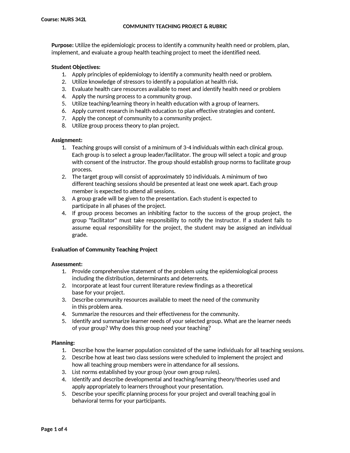 NURS 342L - Community Teaching Project Guidelines & Rubric - COMMUNITY ...