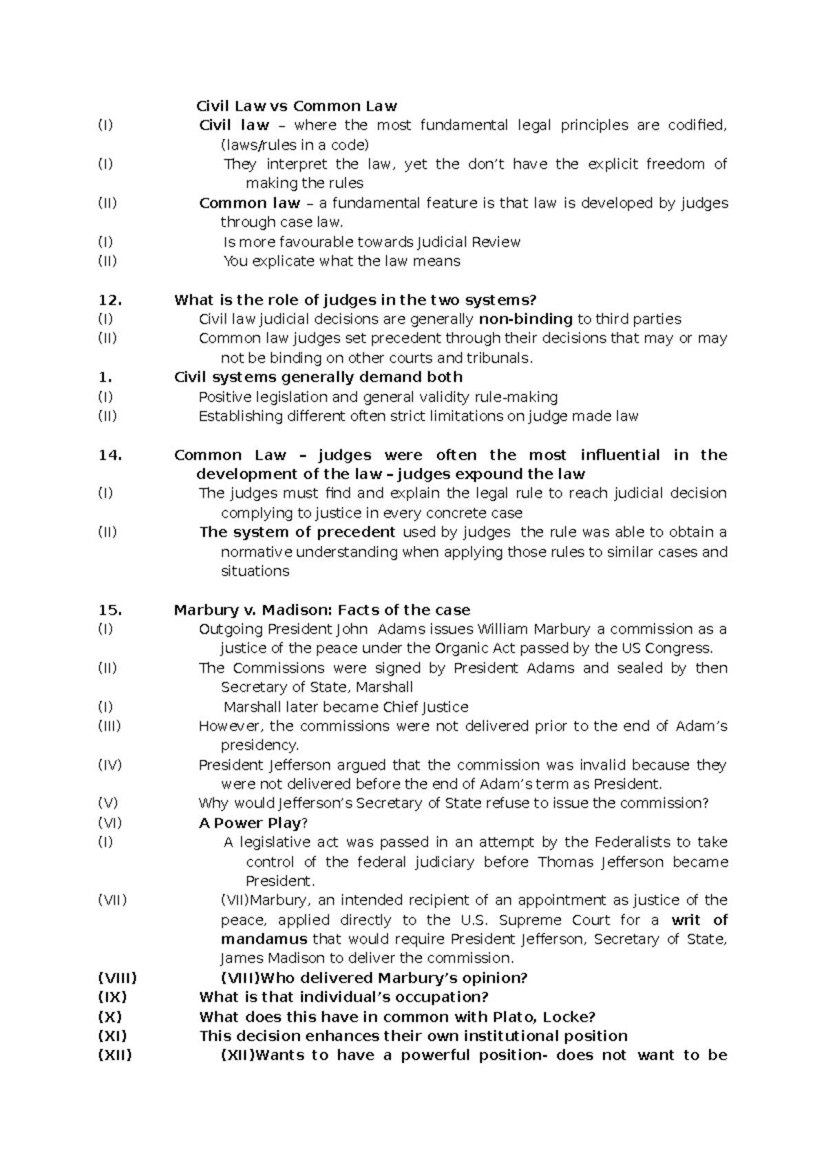 Civil Law vs Common Law - Lecture notes First semester - (I) (I) (II ...