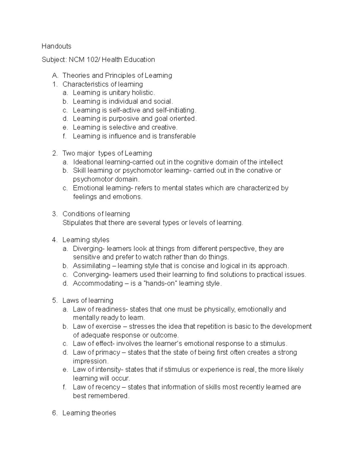 Health ED Summary lecture 4 - Handouts Subject: NCM 102/ Health ...