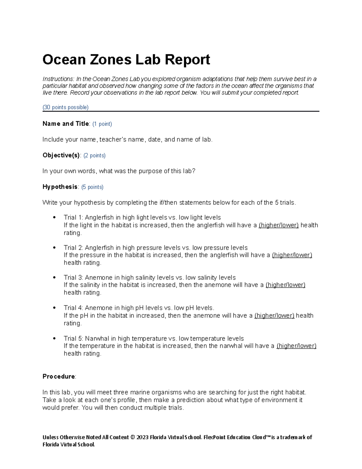 Ocean zones lab report assignment for 11th grade science Ocean