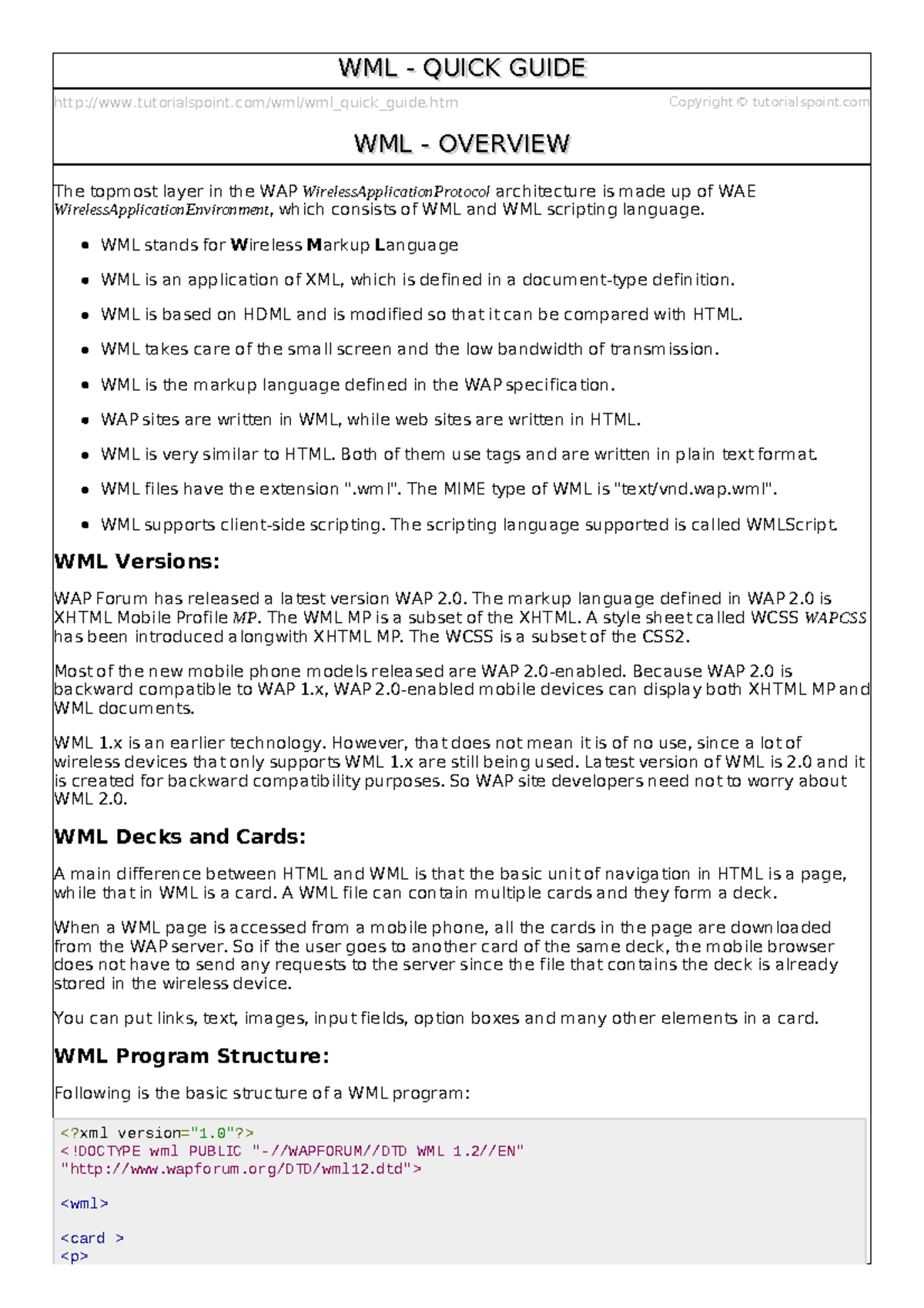 Wml quick guide - helping summary - tutorialspoint/wml/wml_quick_guide ...