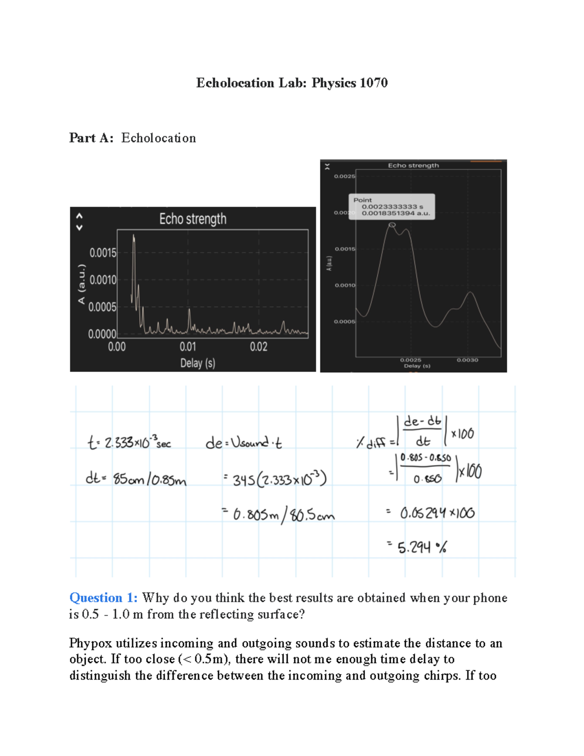 Acoustics Lab Echolocation Lab Physics 1070 Part A Echolocation