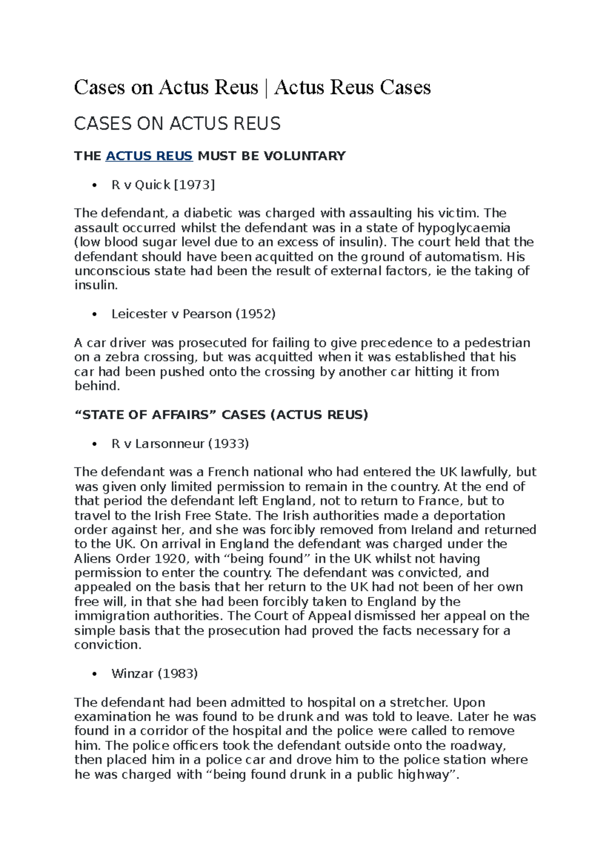 Cases on Actus Reus Actus Reus Cases Cases on Actus Reus Actus Reus